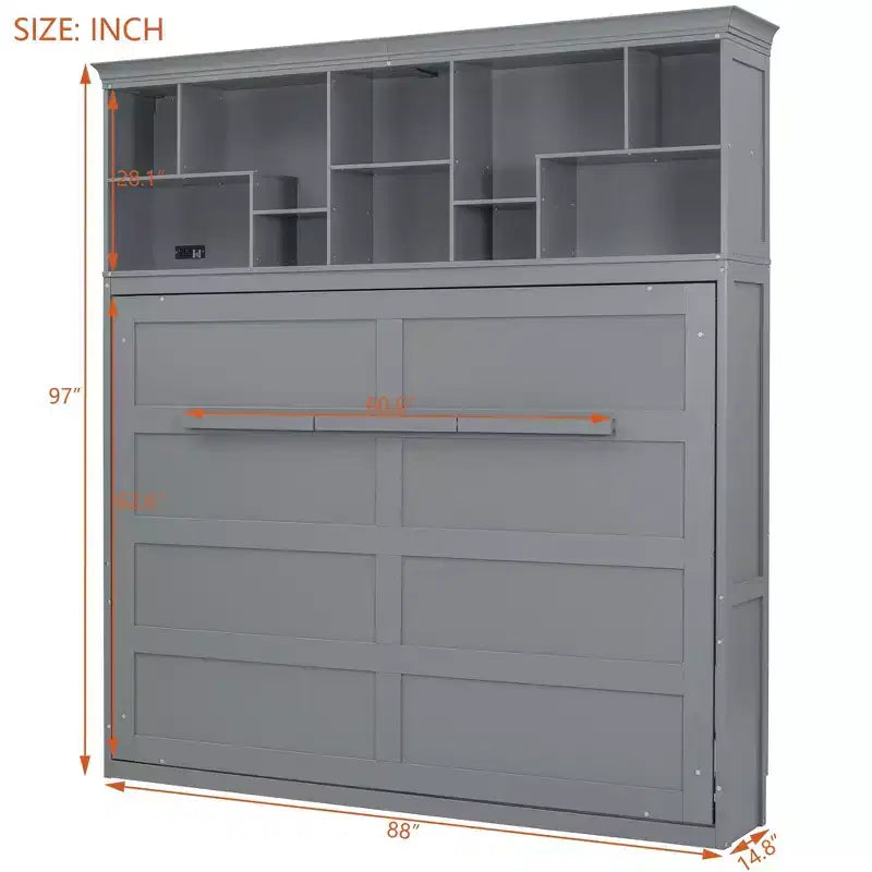 Modern Design Queen Size Murphy Bed Wall Bed, Folded into a Cabinet with Top Shelves and USB Ports