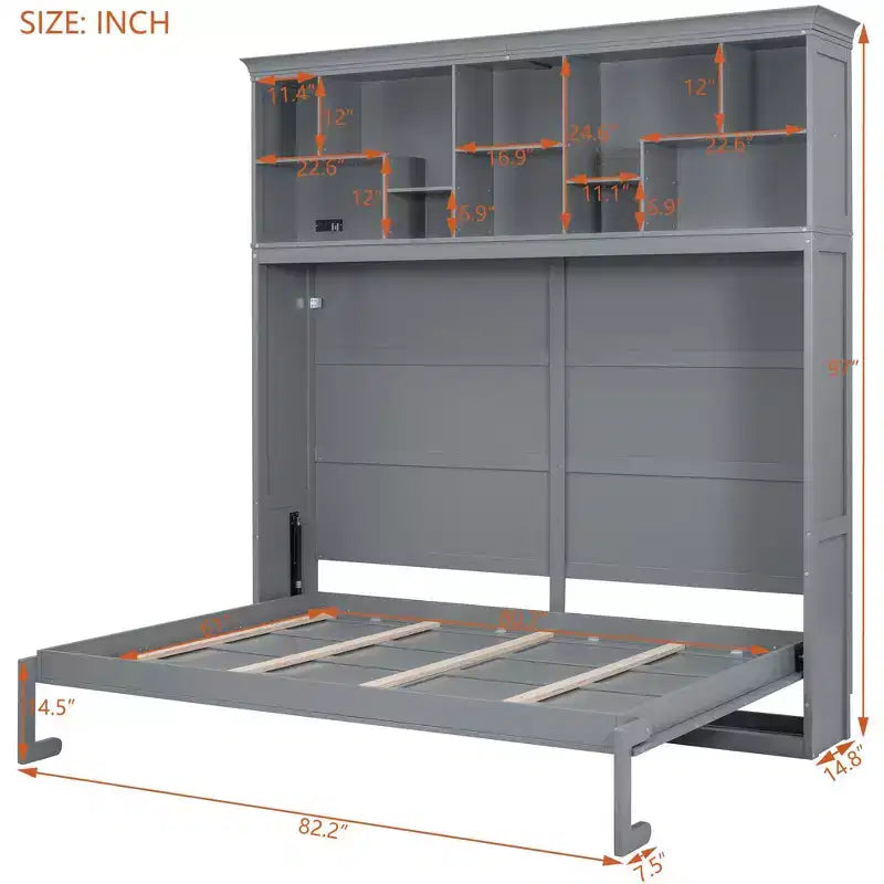 Modern Design Queen Size Murphy Bed Wall Bed, Folded into a Cabinet with Top Shelves and USB Ports