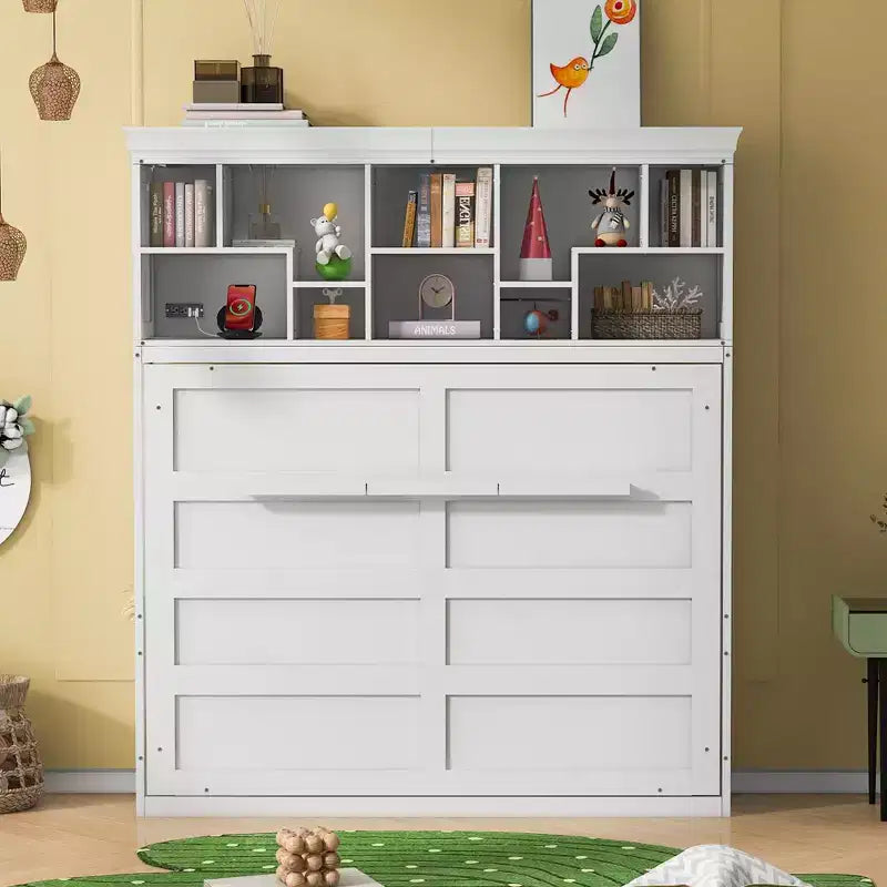Modern Design Queen Size Murphy Bed Wall Bed, Folded into a Cabinet with Top Shelves and USB Ports