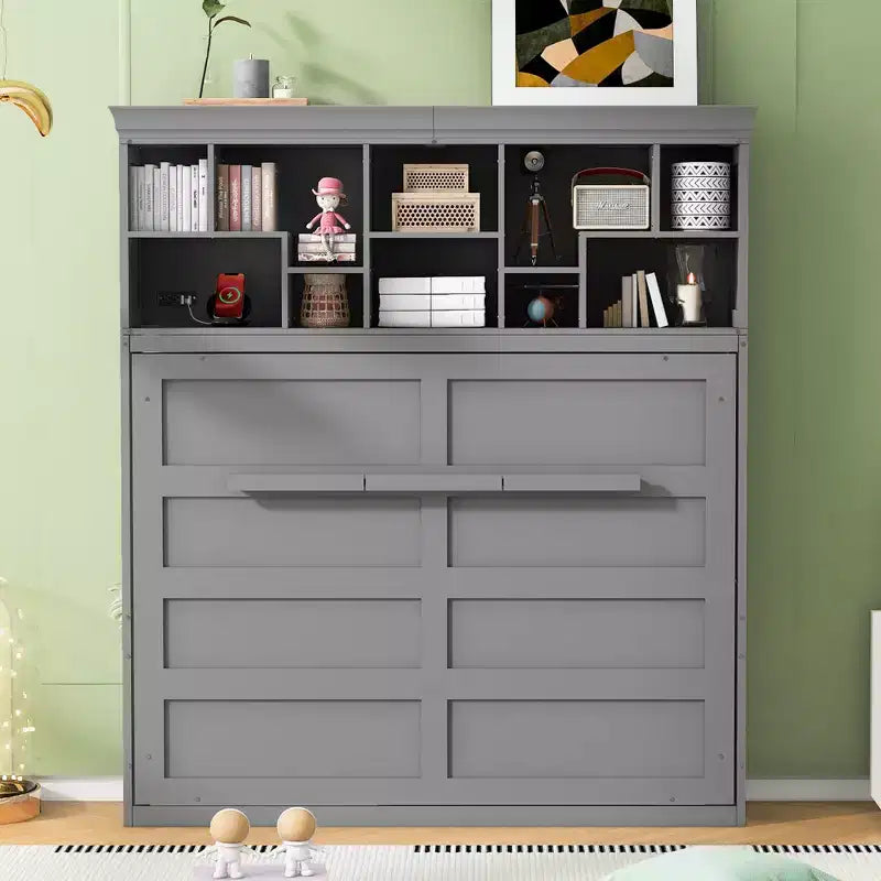 Modern Design Queen Size Murphy Bed Wall Bed, Folded into a Cabinet with Top Shelves and USB Ports