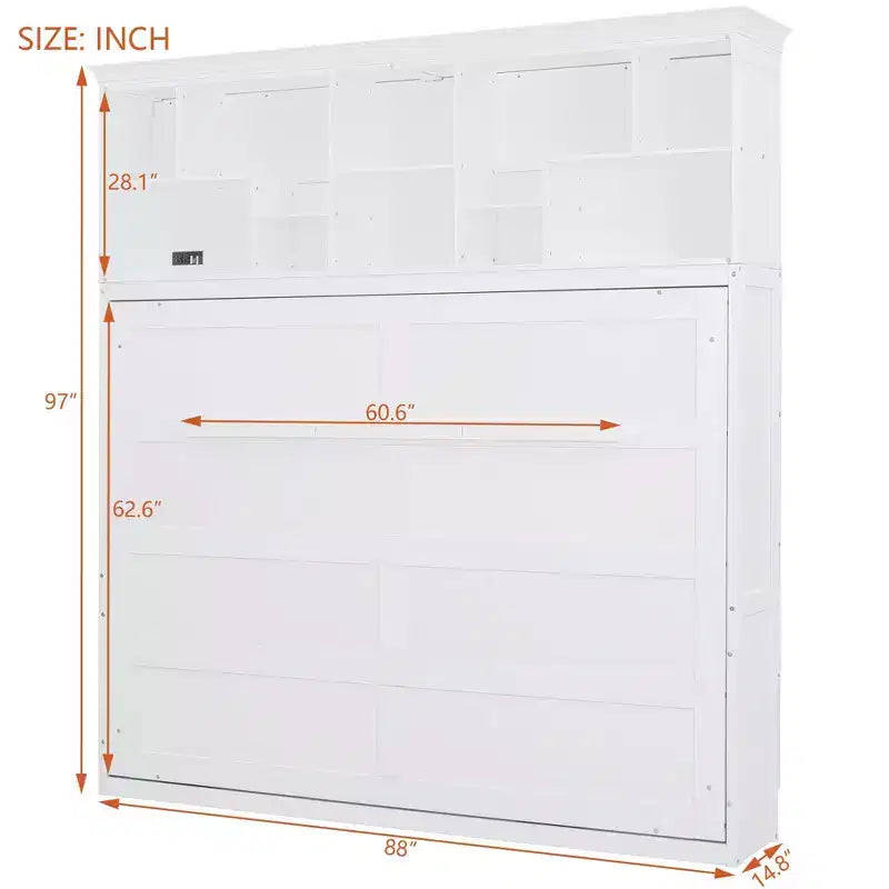 Modern Design Queen Size Murphy Bed Wall Bed, Folded into a Cabinet with Top Shelves and USB Ports