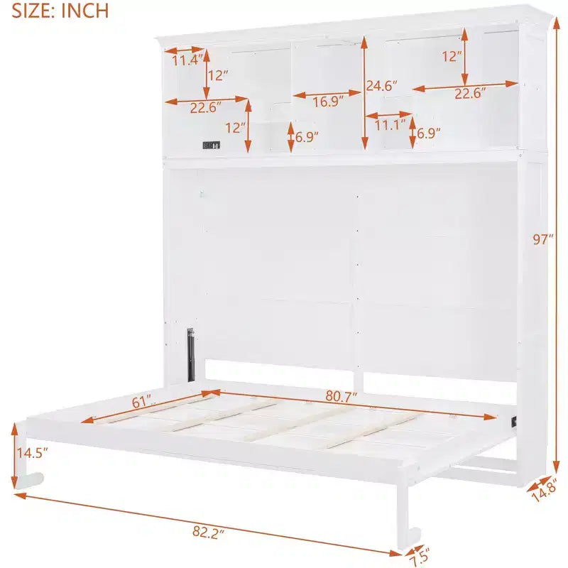 Modern Design Queen Size Murphy Bed Wall Bed, Folded into a Cabinet with Top Shelves and USB Ports