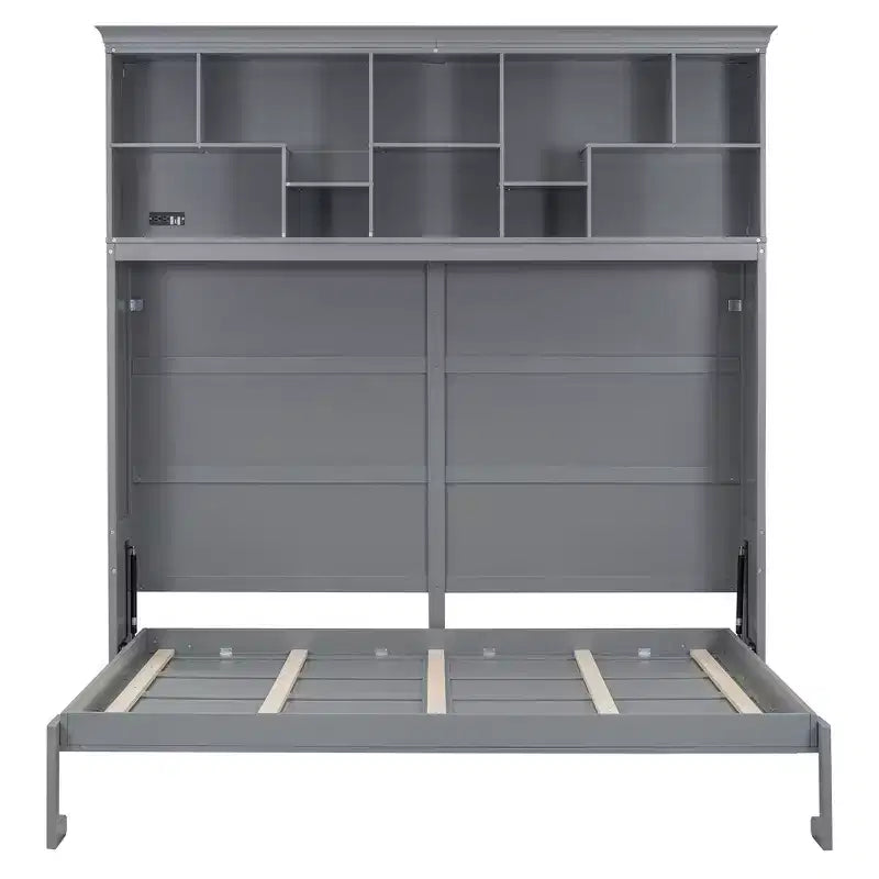 Modern Design Queen Size Murphy Bed Wall Bed, Folded into a Cabinet with Top Shelves and USB Ports