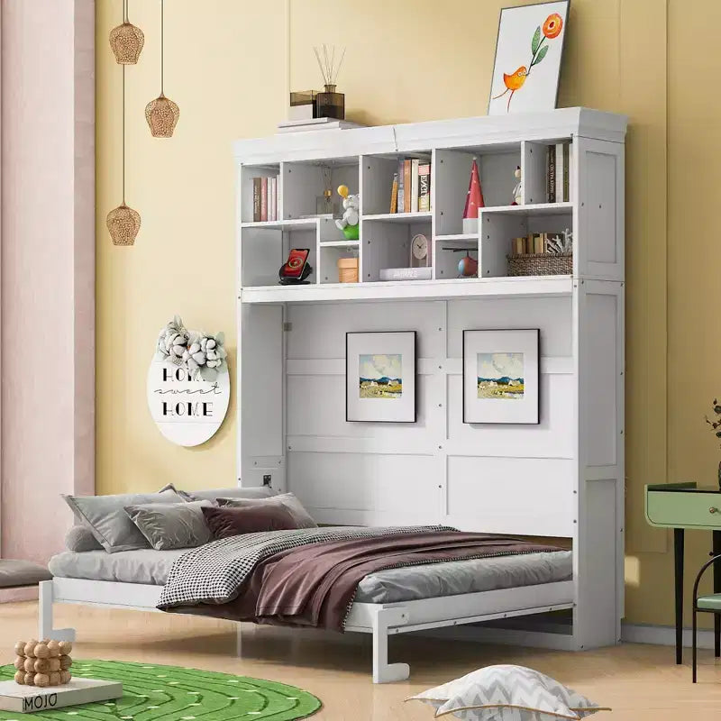 Modern Design Queen Size Murphy Bed Wall Bed, Folded into a Cabinet with Top Shelves and USB Ports