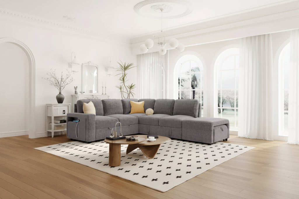 L-Shaped Modular Sofa with Storage, USB Charging, & Cup Holders for Living Rooms & Offices