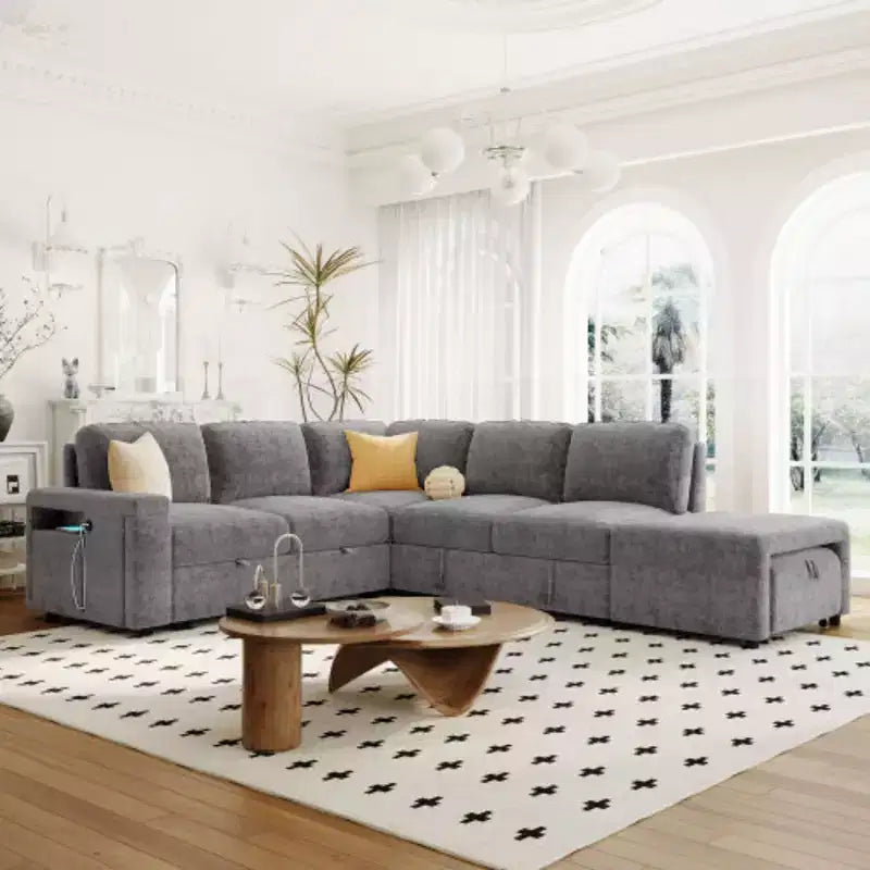L-Shaped Modular Sofa with Storage, USB Charging, & Cup Holders for Living Rooms & Offices