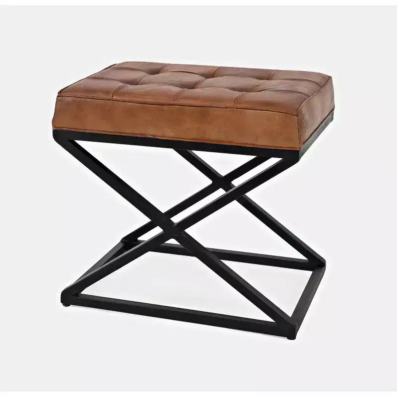 Distressed Genuine Leather Ottoman - Saddle