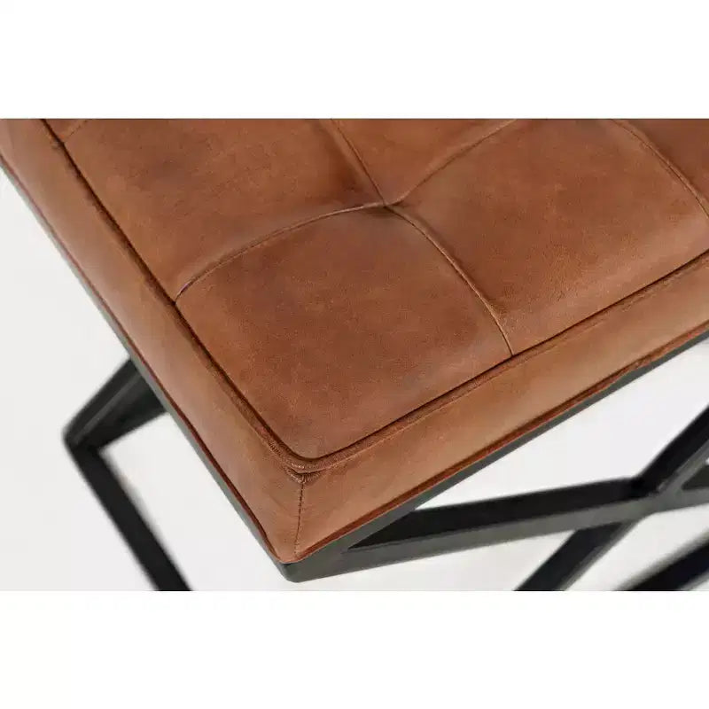 Distressed Genuine Leather Ottoman - Saddle