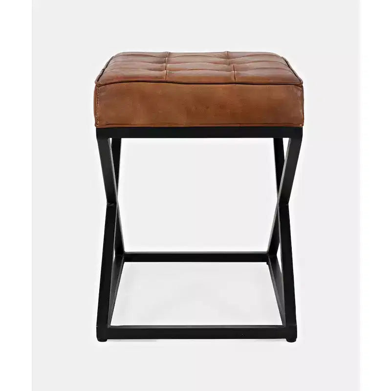 Distressed Genuine Leather Ottoman - Saddle