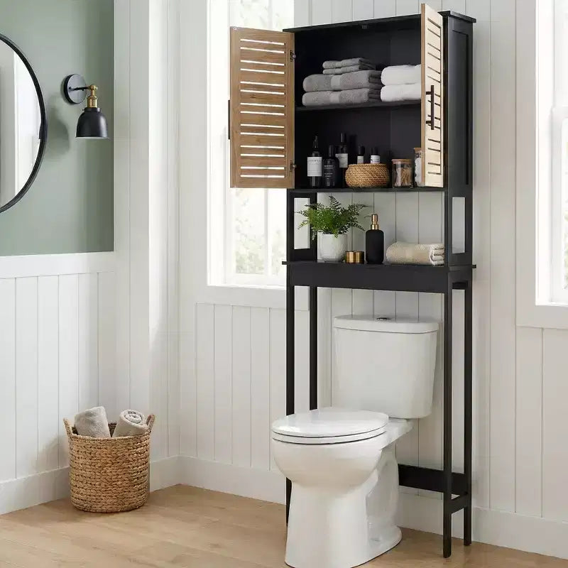 Over The Toilet Storage Cabinet with Double Vented Doors and Open Shelf, Black and Brown