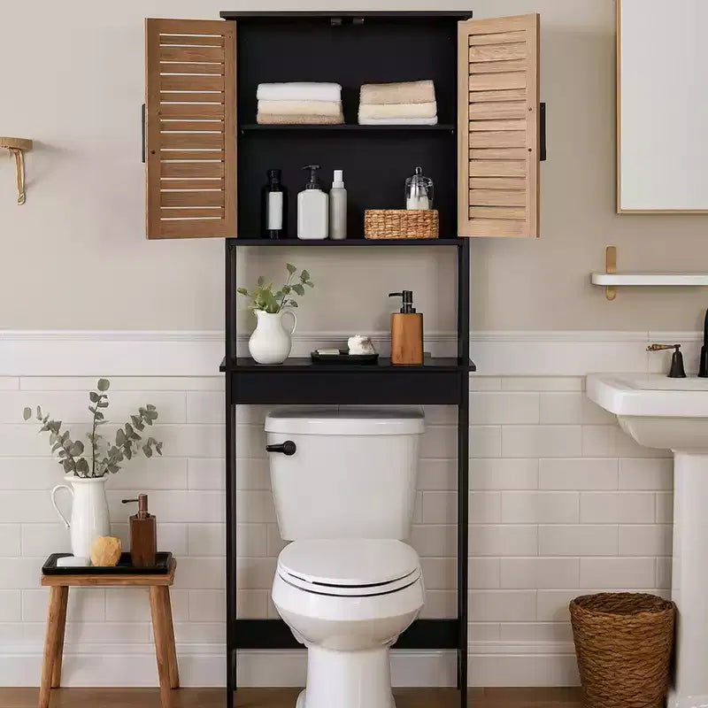 Over The Toilet Storage Cabinet with Double Vented Doors and Open Shelf, Black and Brown