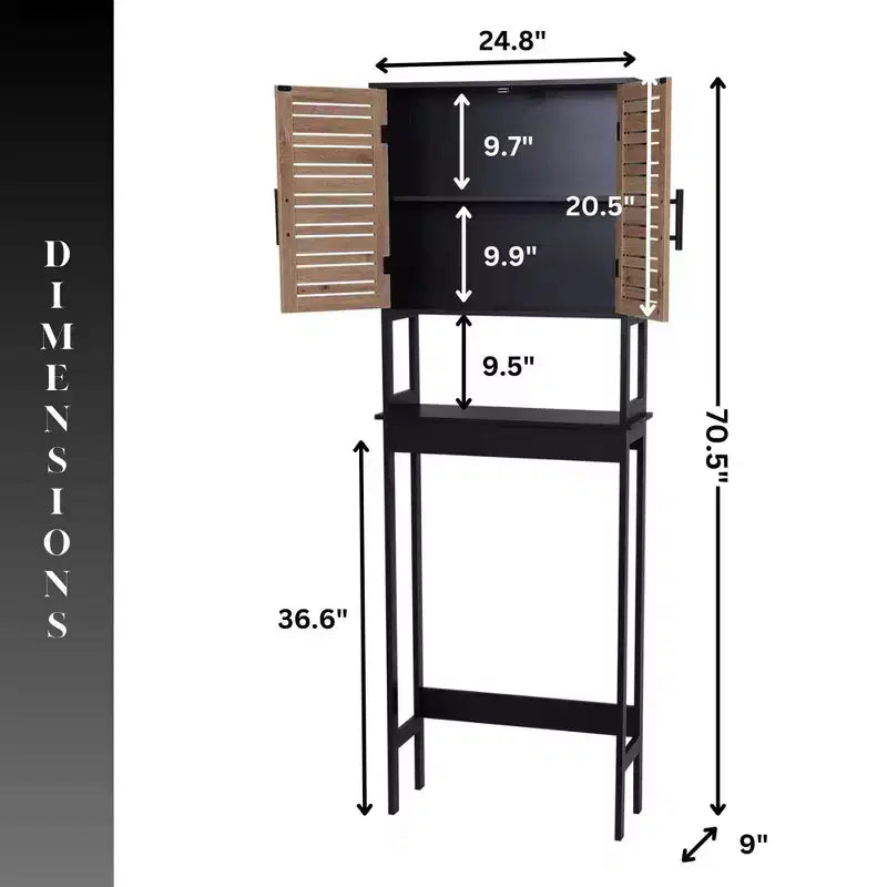 Over The Toilet Storage Cabinet with Double Vented Doors and Open Shelf, Black and Brown