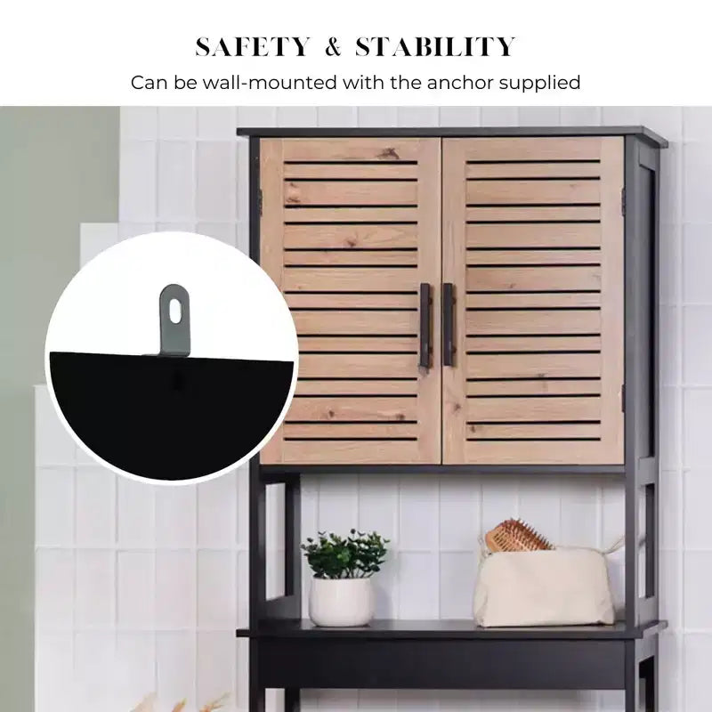 Over The Toilet Storage Cabinet with Double Vented Doors and Open Shelf, Black and Brown
