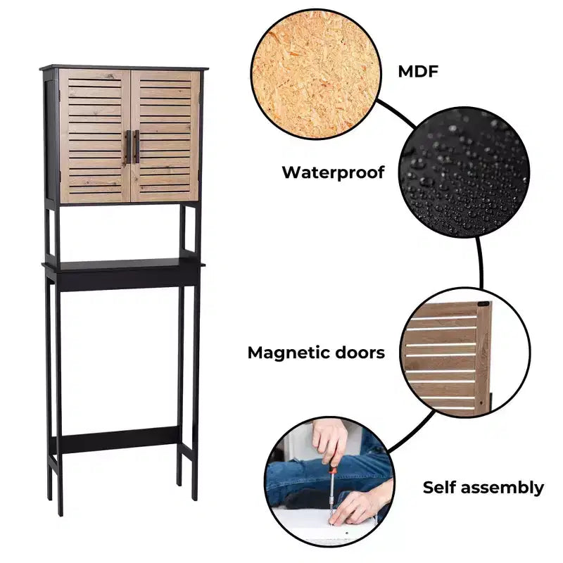 Over The Toilet Storage Cabinet with Double Vented Doors and Open Shelf, Black and Brown