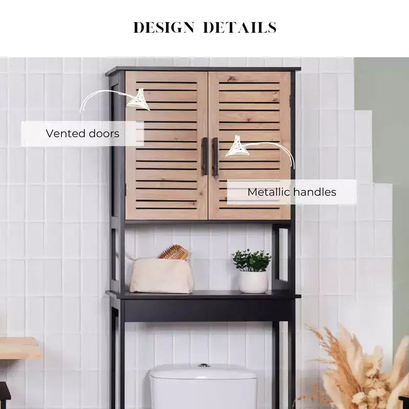 Over The Toilet Storage Cabinet with Double Vented Doors and Open Shelf, Black and Brown