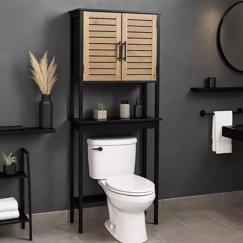 Over The Toilet Storage Cabinet with Double Vented Doors and Open Shelf, Black and Brown