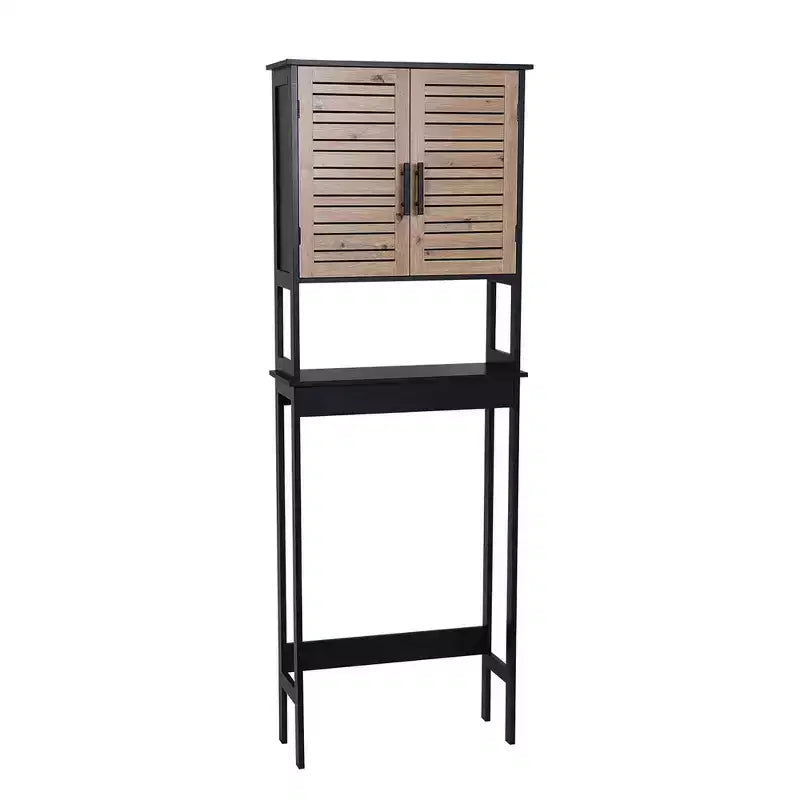Over The Toilet Storage Cabinet with Double Vented Doors and Open Shelf, Black and Brown