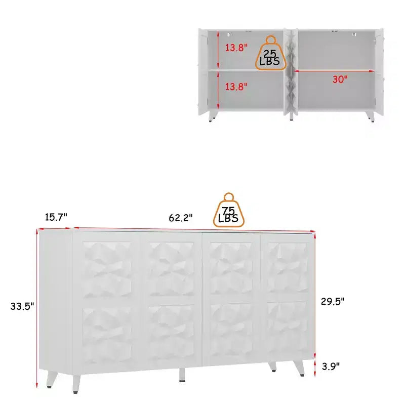 4-Door Diamond-Patterned Surface Dresser for Living Room Storage