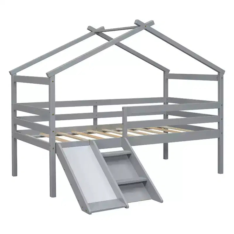 81.7L x 67.6W Twin Low Loft House Bed with Slide, Ladder, Safety Guardrails, House Roof Frame