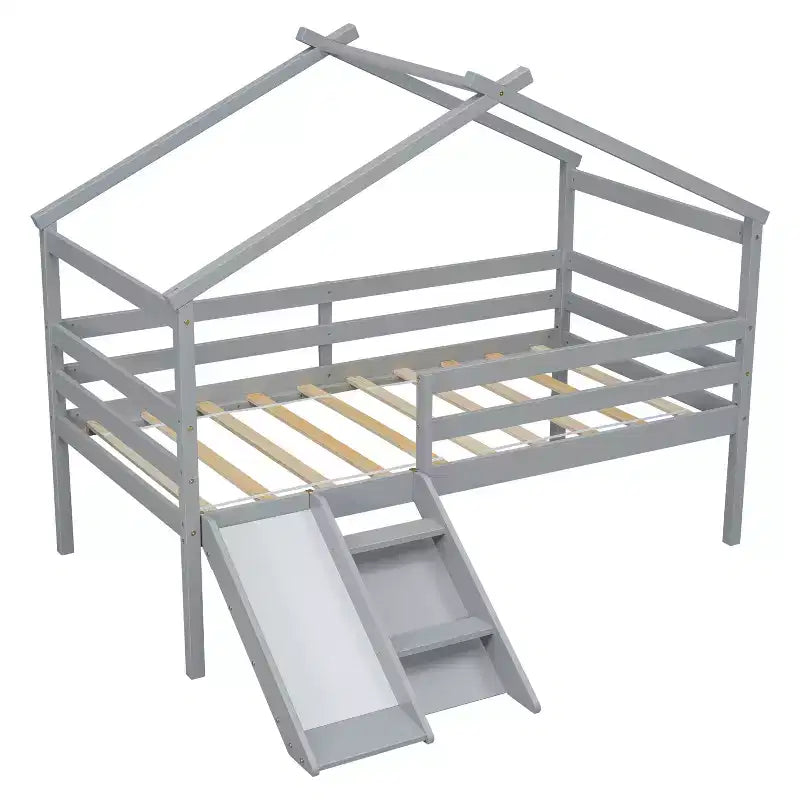 81.7L x 67.6W Twin Low Loft House Bed with Slide, Ladder, Safety Guardrails, House Roof Frame