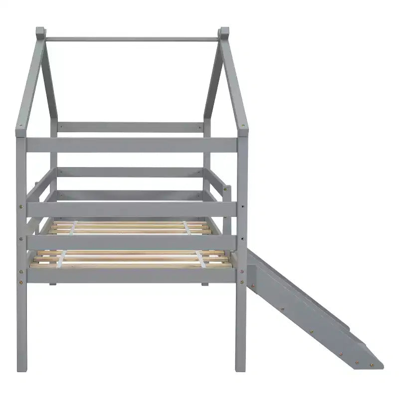 81.7L x 67.6W Twin Low Loft House Bed with Slide, Ladder, Safety Guardrails, House Roof Frame