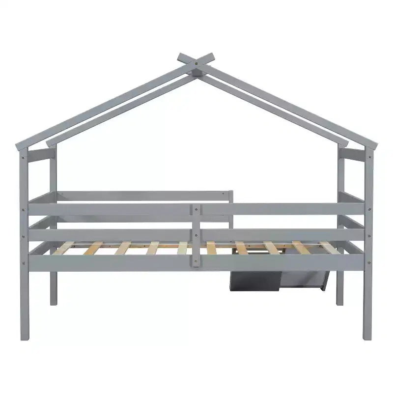 81.7L x 67.6W Twin Low Loft House Bed with Slide, Ladder, Safety Guardrails, House Roof Frame