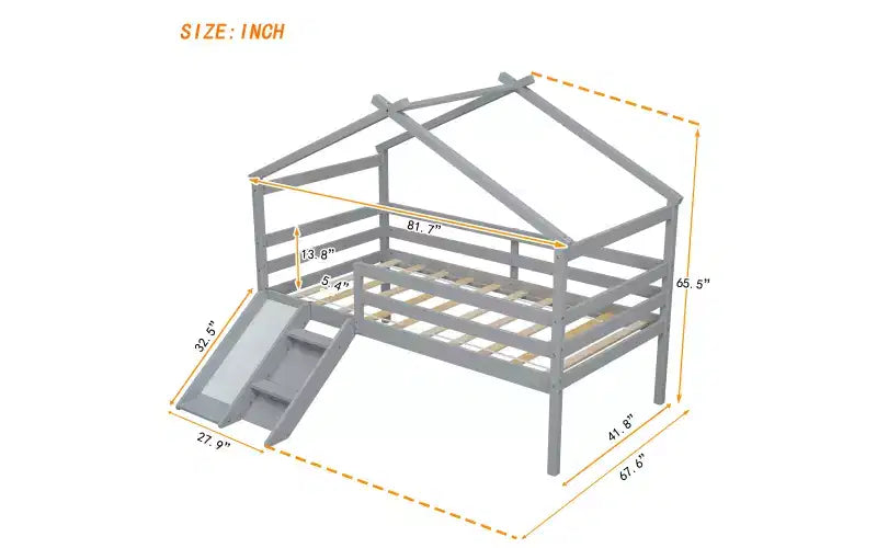 81.7L x 67.6W Twin Low Loft House Bed with Slide, Ladder, Safety Guardrails, House Roof Frame