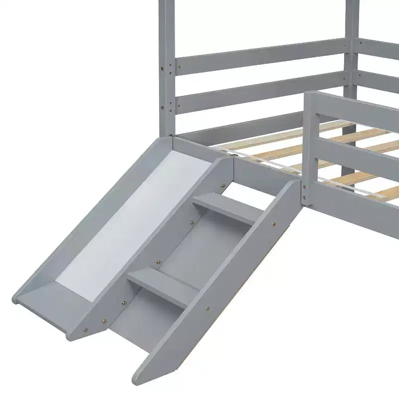 81.7L x 67.6W Twin Low Loft House Bed with Slide, Ladder, Safety Guardrails, House Roof Frame