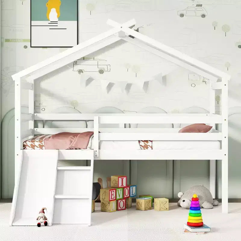 81.7L x 67.6W Twin Low Loft House Bed with Slide, Ladder, Safety Guardrails, House Roof Frame