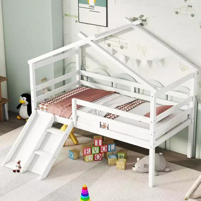 81.7L x 67.6W Twin Low Loft House Bed with Slide, Ladder, Safety Guardrails, House Roof Frame