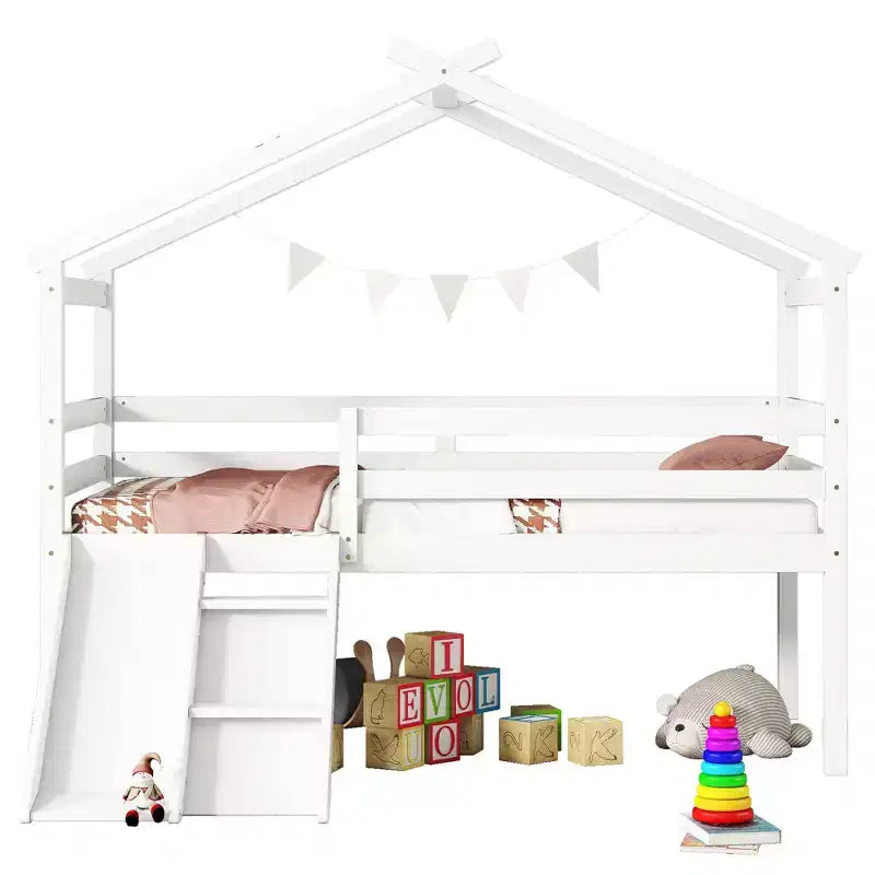 81.7L x 67.6W Twin Low Loft House Bed with Slide, Ladder, Safety Guardrails, House Roof Frame