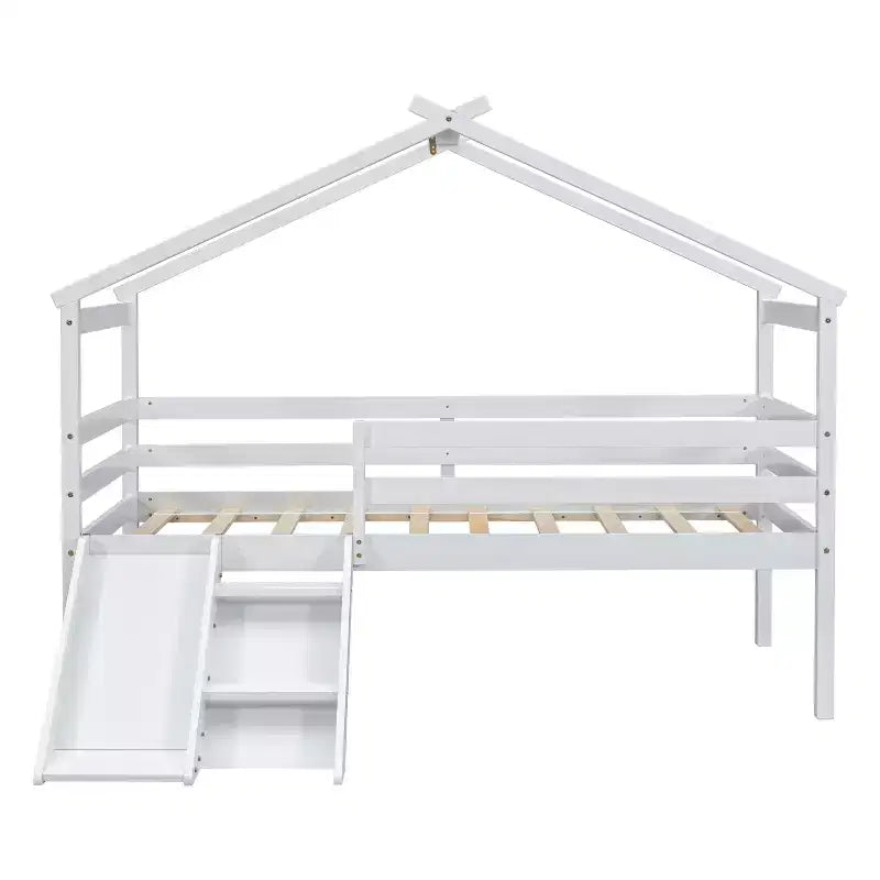 81.7L x 67.6W Twin Low Loft House Bed with Slide, Ladder, Safety Guardrails, House Roof Frame
