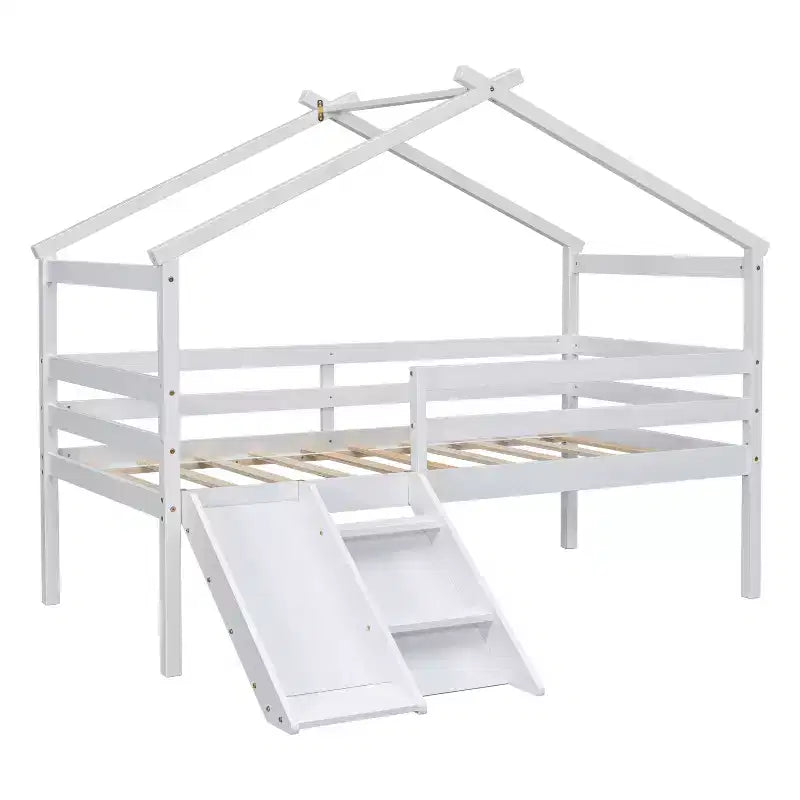 81.7L x 67.6W Twin Low Loft House Bed with Slide, Ladder, Safety Guardrails, House Roof Frame