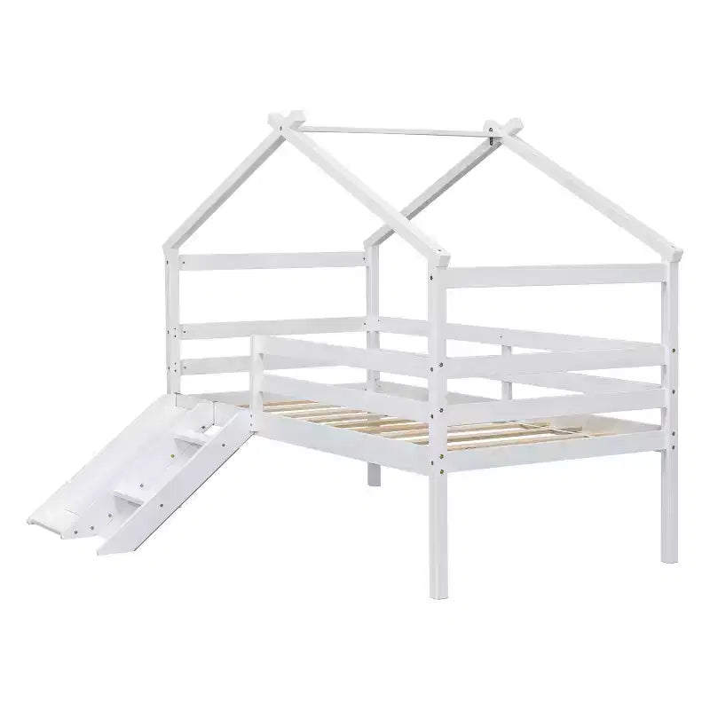 81.7L x 67.6W Twin Low Loft House Bed with Slide, Ladder, Safety Guardrails, House Roof Frame