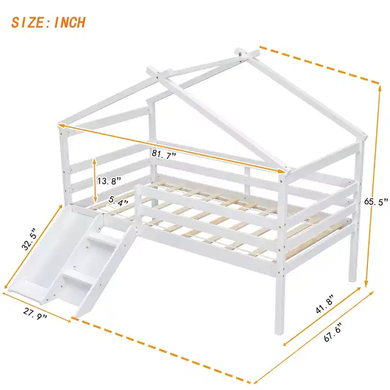 81.7L x 67.6W Twin Low Loft House Bed with Slide, Ladder, Safety Guardrails, House Roof Frame
