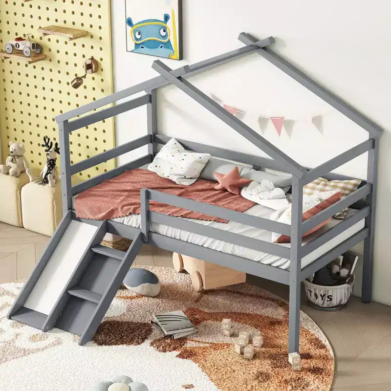 81.7L x 67.6W Twin Low Loft House Bed with Slide, Ladder, Safety Guardrails, House Roof Frame