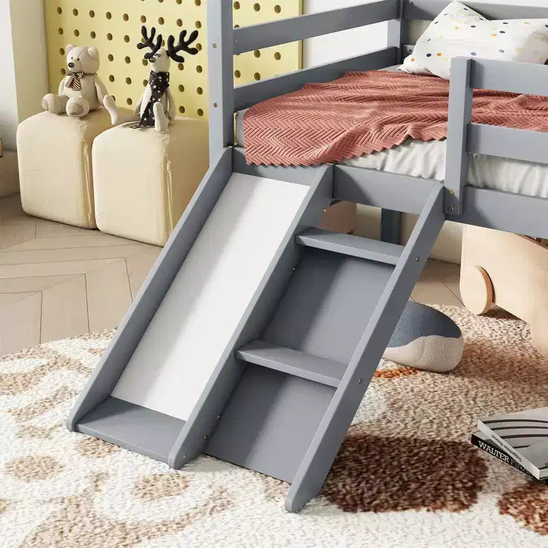 81.7L x 67.6W Twin Low Loft House Bed with Slide, Ladder, Safety Guardrails, House Roof Frame