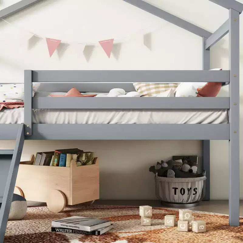 81.7L x 67.6W Twin Low Loft House Bed with Slide, Ladder, Safety Guardrails, House Roof Frame
