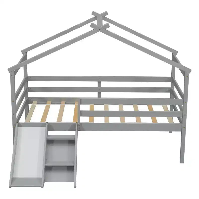 81.7L x 67.6W Twin Low Loft House Bed with Slide, Ladder, Safety Guardrails, House Roof Frame