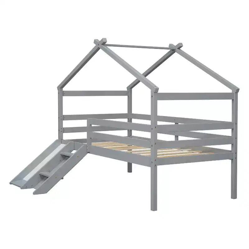 81.7L x 67.6W Twin Low Loft House Bed with Slide, Ladder, Safety Guardrails, House Roof Frame