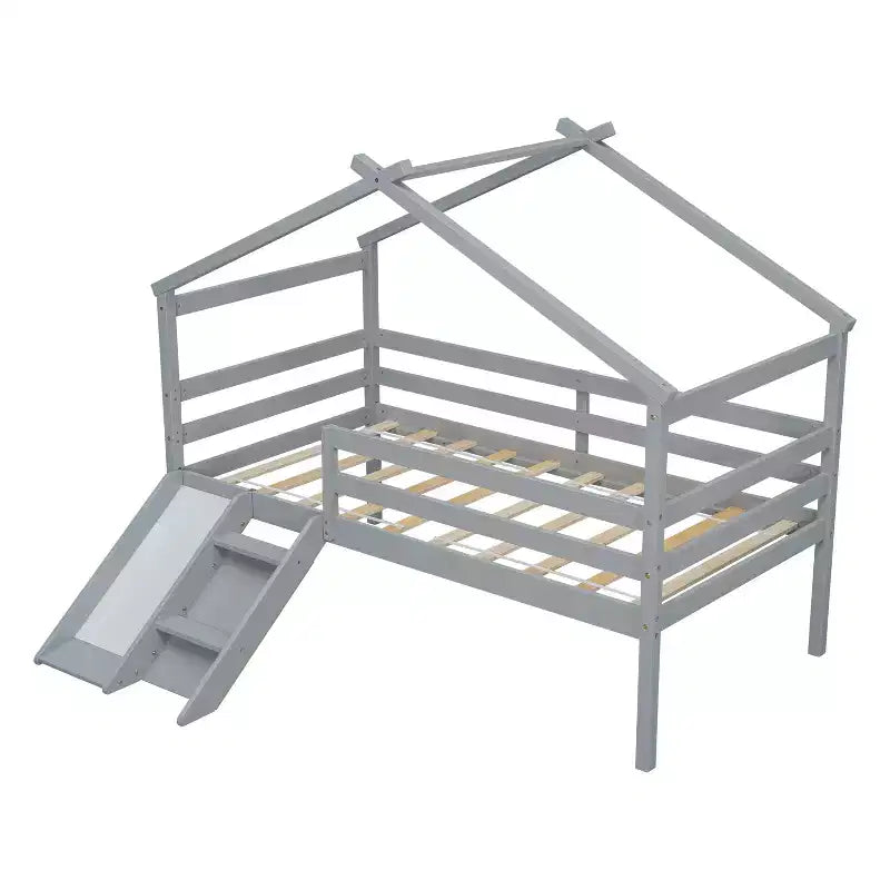 81.7L x 67.6W Twin Low Loft House Bed with Slide, Ladder, Safety Guardrails, House Roof Frame