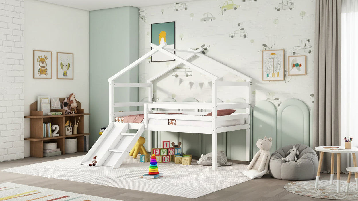 81.7L x 67.6W Twin Low Loft House Bed with Slide, Ladder, Safety Guardrails, House Roof Frame
