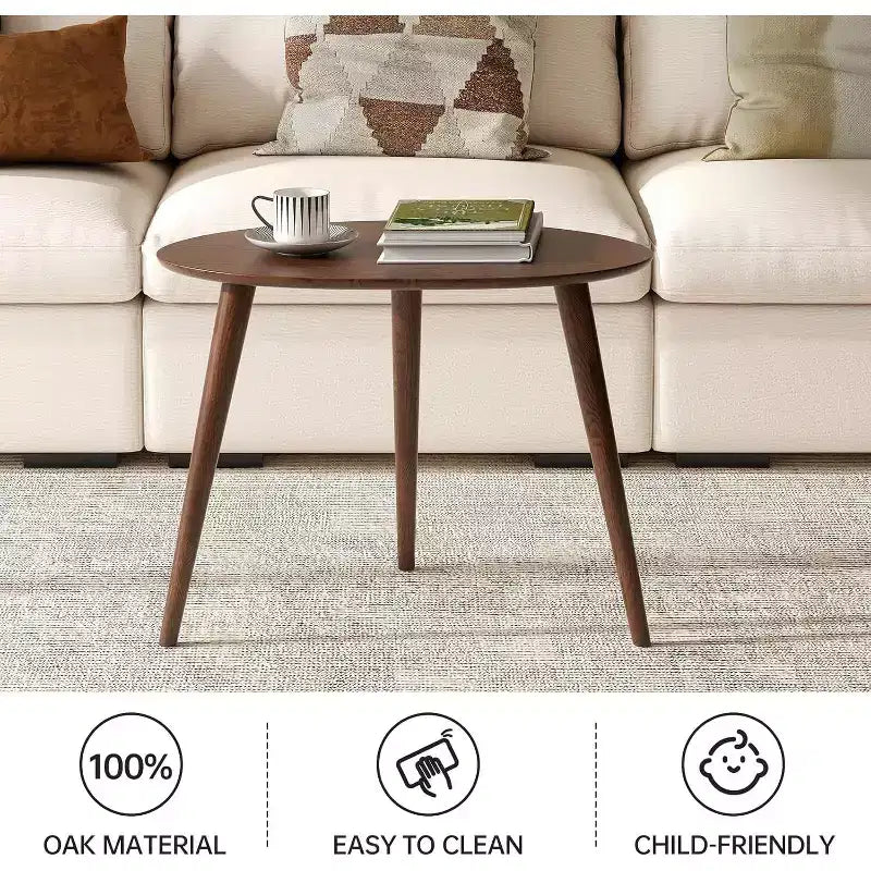 Table basse ovale de 65 cm de large en chêne massif avec trois pieds, de style Mid-Century Modern