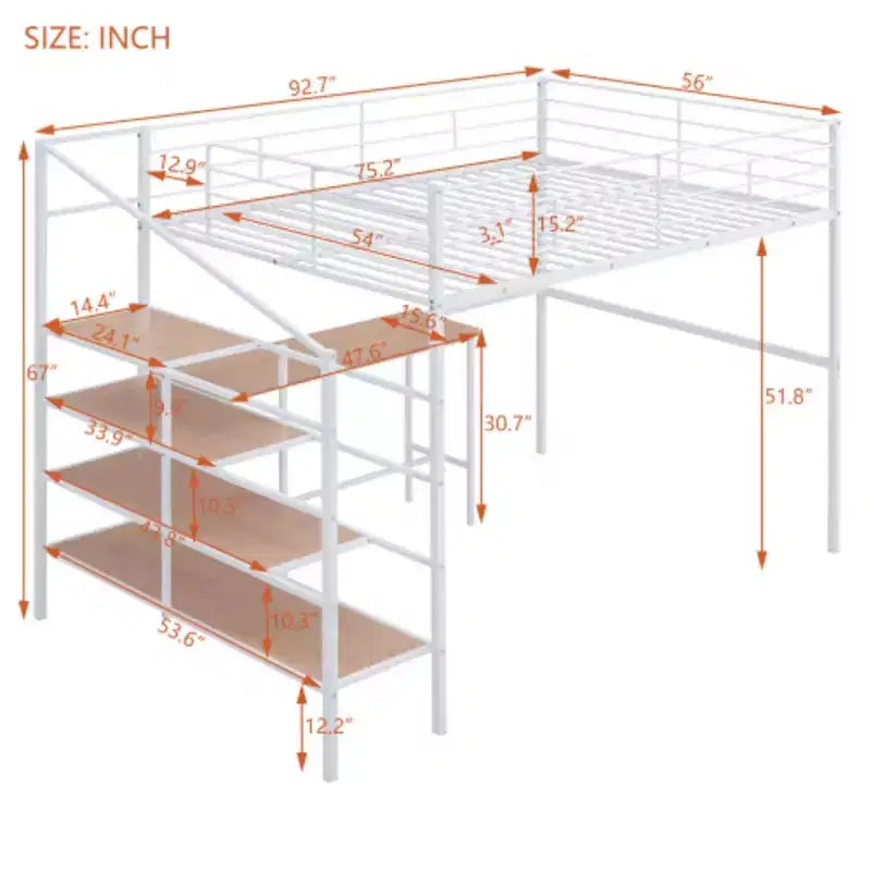 Metal Loft Bed: Full Size, Desk, Side-Storage Ladder