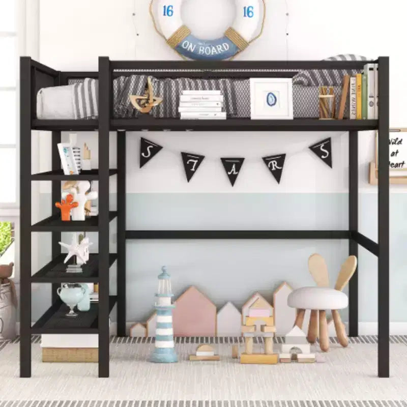Metal Loft Bed with 4 Layers of Shelves, Full Size Mattress