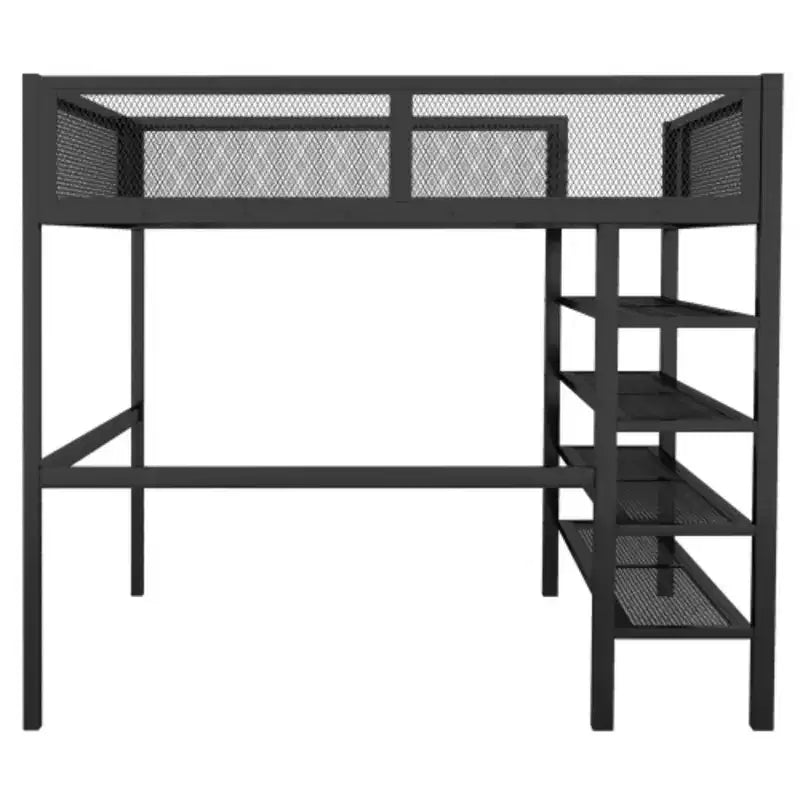 Lit mezzanine en métal avec 4 étagères, matelas double
