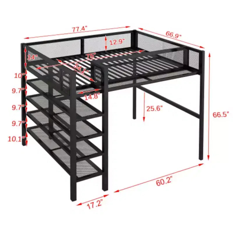 Metal Loft Bed with 4 Layers of Shelves, Full Size Mattress