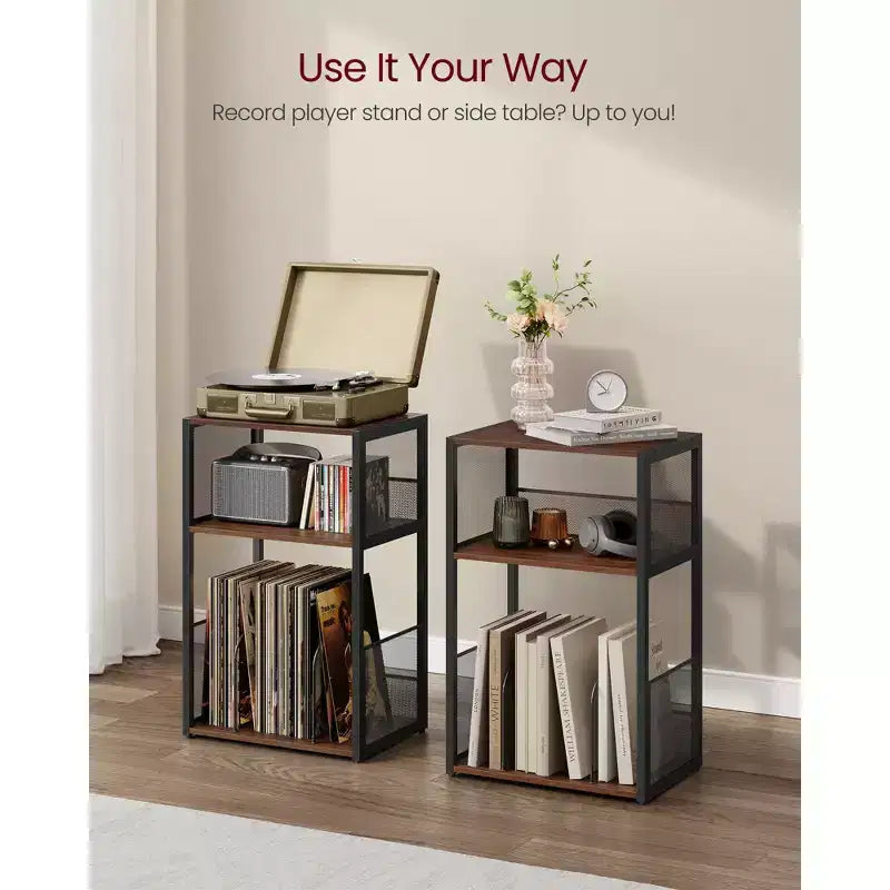 3 - Tier Record Player Stand & Side Table - Holds up to 100 Vinyl Records, Ideal for Living & Bedroom