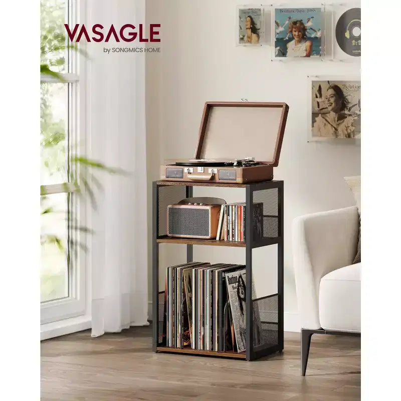 3 - Tier Record Player Stand & Side Table - Holds up to 100 Vinyl Records, Ideal for Living & Bedroom