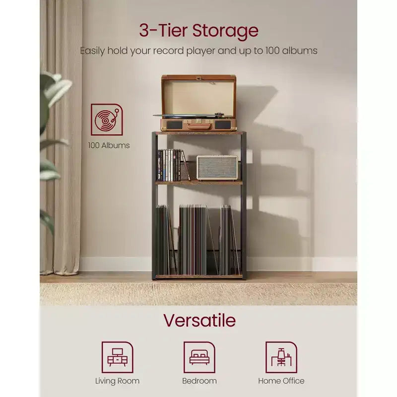 3 - Tier Record Player Stand & Side Table - Holds up to 100 Vinyl Records, Ideal for Living & Bedroom